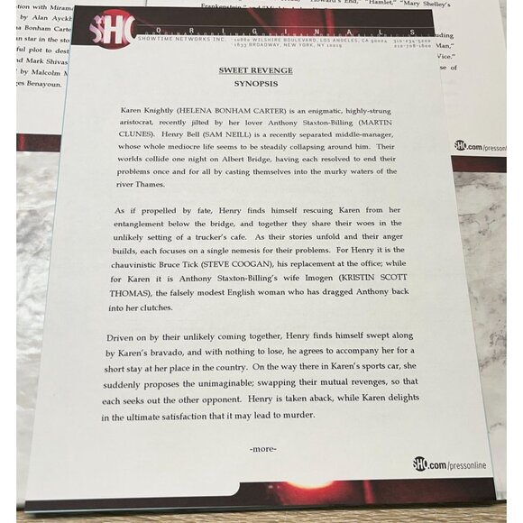 Showtime Movie Press Kit Sweet Revenge 2000 Helen Bonham Carter Sam Neill - Picture 6 of 9